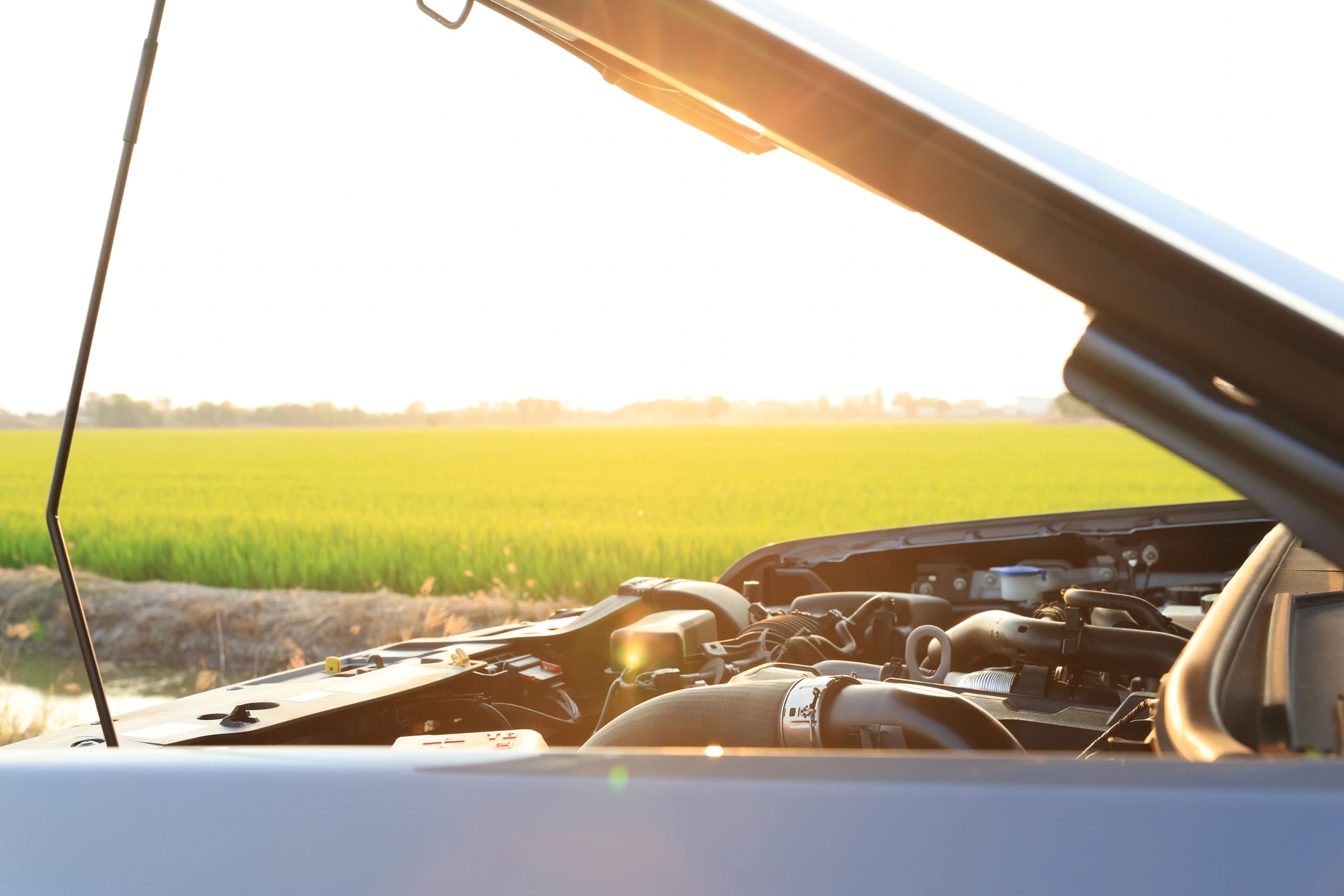 Vehicle with hood open for engine repair and maintenance