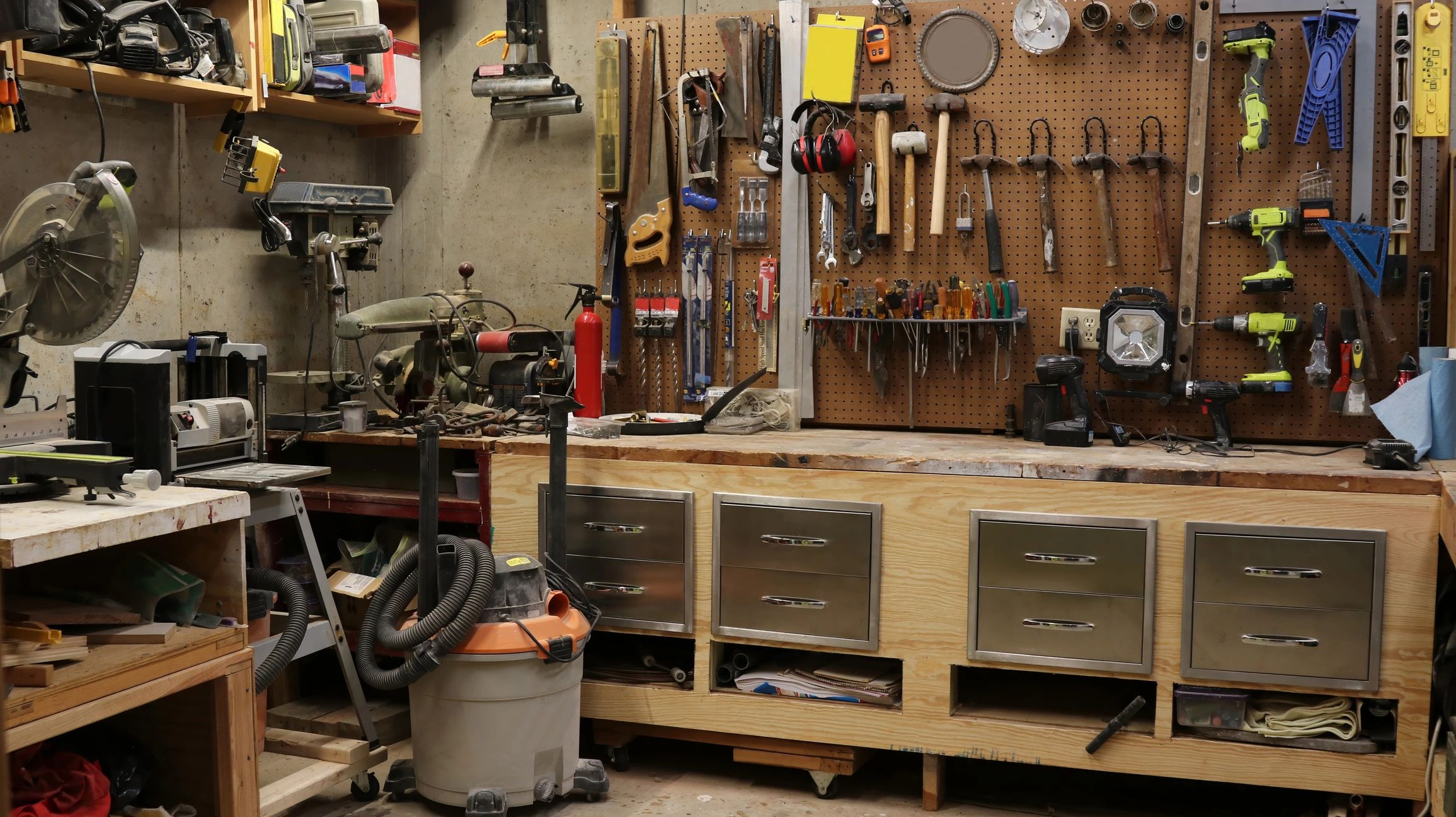 Workshop tools and equipment in a garage setting